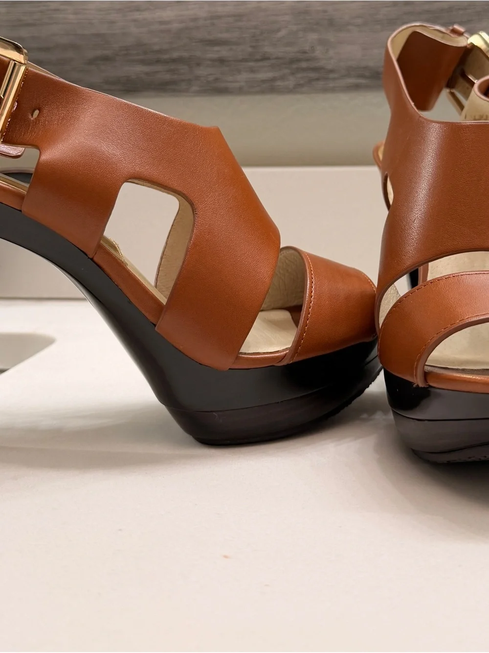 Michael Kors Cognac Leather Platform Open-Toe Heels with Cutouts